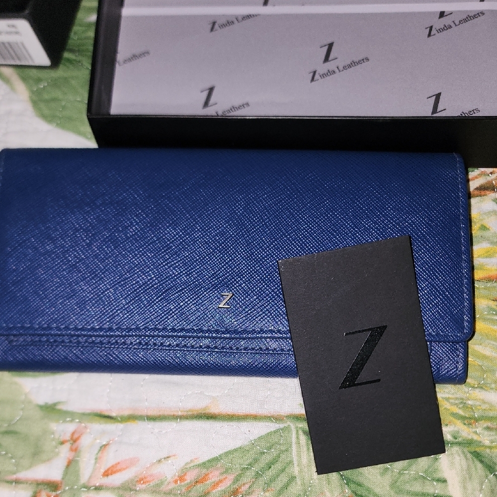 Zinda Leather Slim Purse Flap Blue Leather Women's Wallet RFID Protection